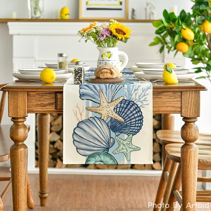 Artoid Mode Sea Shell Starfish Summer Table Runner, Spring Ocean Kitchen Dining - Image 2