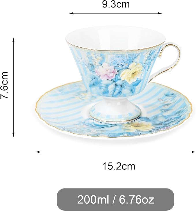 fanquare Vintage Blue Striped Tea Cup and Saucer, Hydrangea Flower Coffee Mug - Image 6