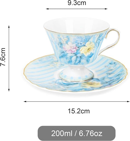 fanquare Vintage Blue Striped Tea Cup and Saucer, Hydrangea Flower Coffee Mug - Image 6