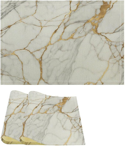 Marble Linen Placemats Set of 2, Modern Abstract Foil Texture White Gold Marble 12x17 Inch Washable Table Mats Non Slip Placemats for Wedding Party Kitchen Banquets Dining Decoration