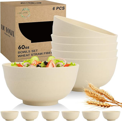 Large Wheat Straw Bowls Set of 6, 60 OZ Unbreakable Serving Bowls, Microwave Safe & Dishwasher Safe, Perfect for Salad, Fruit, Cereal, Soup, Ramen, Family Meals, Beige