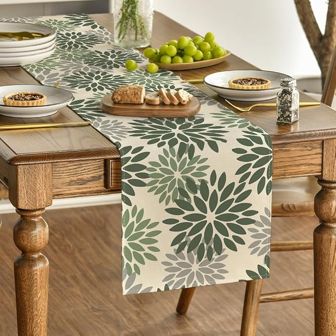 Artoid Mode Green Dahlia Aqua Floral Pinnata Flower Table Runner, Seasonal - Image 3