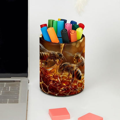 Leather Pen Holder for Desk, Bee Hive Pencil Cup Pen Organizer Makeup Brush - Image 5