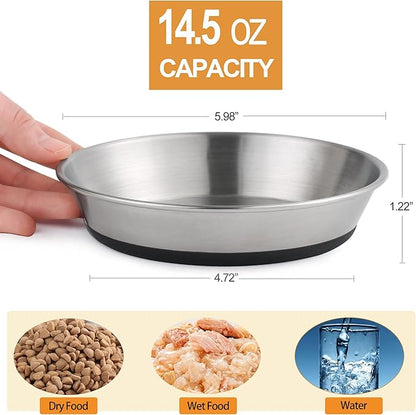 Stainless Steel Cat Bowls,Whisker Friendly Shallow Cat Dishes for Food and Water,Non-Slip Silicone Bottom,Heavy Duty,Replacement Kitten Metal Plate for Elevated Stands,2 Pack