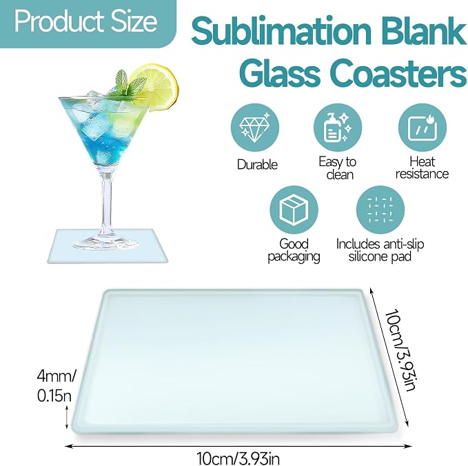 16 Pcs Sublimation Glass Coaster Blanks, 4 x 4 Inch Square Sublimation Coaster - Image 2