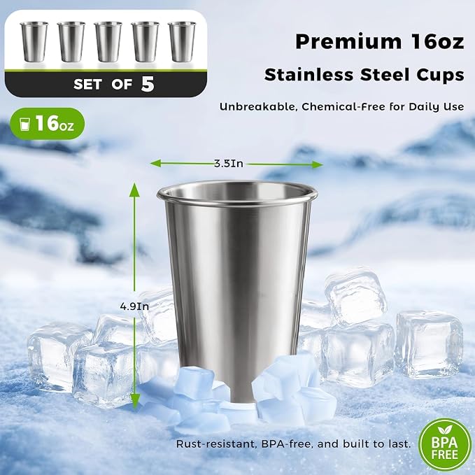 5 Pack 16 oz 304 Stainless Steel Pint Cups, Stackable Camping Cups | Food-Grade - Image 3