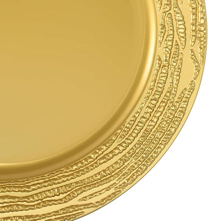 100 PCS Antique Charger Plates Bulk, 13 Inch Round Textured Edge Plastic Dinner Chargers, Bulk Plastic Charger Plates Set for Wedding, Party, Table Decor (Gold)