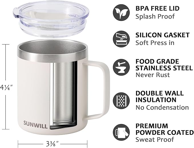 SUNWILL Travel Coffee Mug with Lid, Insulated Tumbler with Handle, 14 oz - Image 2