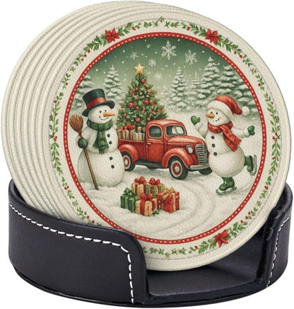 Winter Xmas Snowman Truck Snow Scene Coasters - Image 2