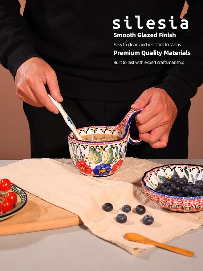 silesia Handmade Loop Handle Soup Bowl, Plate and Spoon Set Ceramic Hand - Image 6