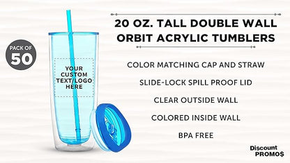 Custom Tall Orbit Acrylic Tumblers 20 oz. Set of 50, Personalized Bulk Pack - Perfect for Iced Coffee, Soda, Other Hot & Cold Beverages - Blue