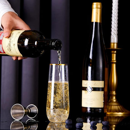 N9R 24PCS Plastic Champagne Flutes, 9 Oz Stemless Disposable Gold Rim Toasting Glasses, Crystal Clear Cocktail Cups Drinkware Shatterproof Ideal for Party Wedding Birthday