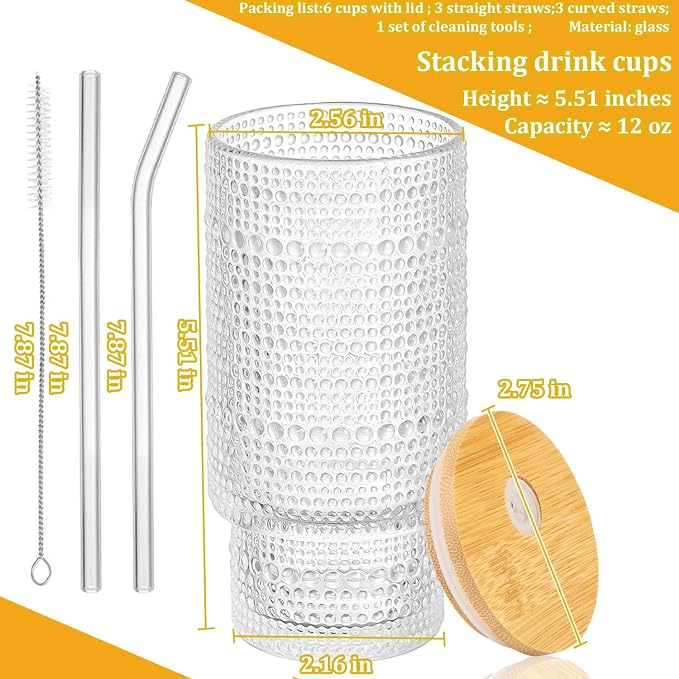 Glass Cups Set with Straw/Bamboo Lid, 12 oz Stackable Serving Drinking Glasses - Image 3