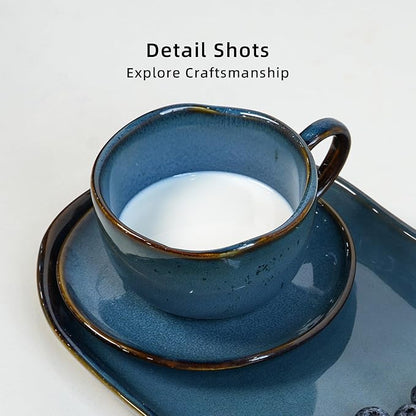 Organic Shape Highland Ceramic Coffee Cup and Saucer, 6pcs 8oz Handmade Reactive Glaze Saucer Sets with Wavy Edge, for Kitchen, Microwave & Dishwasher Safe, Scratch Resistant-Blue