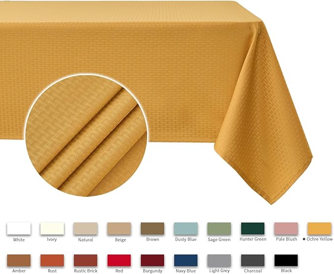 maxmill Weaved Texture Tablecloth Water Resistance Antiwrinkle Spillproof Soft Washable Table Cloth for Dining Room, Buffet Banquet Parties Holiday Dinner, Rectangular 70 x 108 Inch, Ochre Yellow