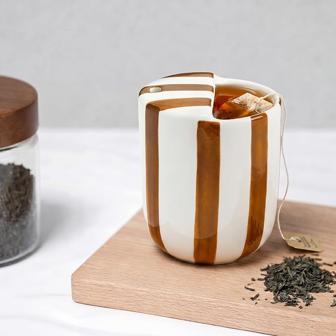 Ceramic Mug with Sip Hole 10 oz Brown Striped Ceramic Coffee Mug Hand Painted - Image 6