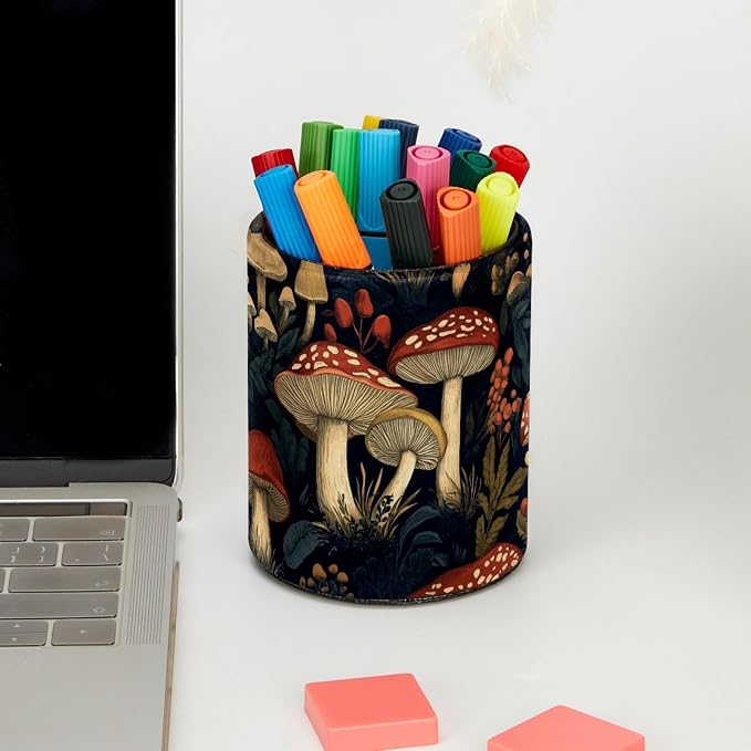 Leather Pen Holder for Desk, Vintage Mushroom Pencil Cup Pen Organizer Makeup - Image 5