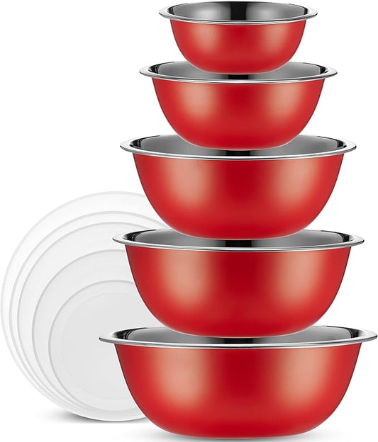 WHYSKO Stainless Steel Mixing Bowl Set, 10 Piece Stainless Steel Mixing Bowls with Lids Set for Food Prep Storage and Serving, Dishwasher Safe for Kitchen Baking Cooking, Red