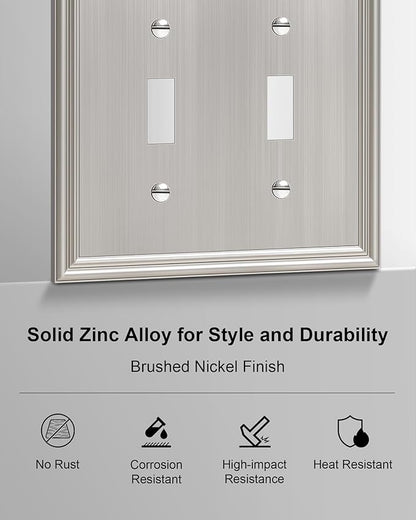 2-Pack Double Toggle Light Switch Cover Plate, Durable Solid Zinc Alloy Decorative Dual Switch Plate Covers, Brushed Nickel 2 Gang Wall Plate, Corrosion Resistant