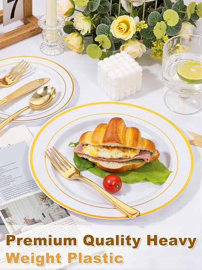 WDF 120 pieces Gold Disposable Plastic Plates - White and Gold Plates Include 10.25" Dinner Plate & 7.5" Salad Plate for Weddings/Party/Valentine's Day