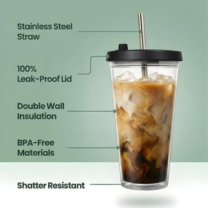 Reusable Iced Coffee Cup with Lid and Straw, 16 oz/Grande, BPA-Free Double-Wall - Image 3