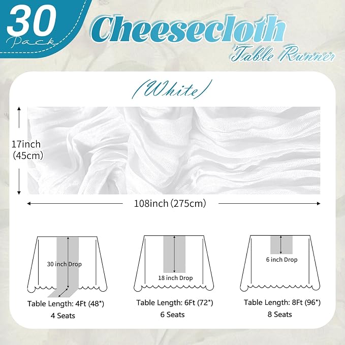 30 Pack White Cheesecloth Table Runner 17 x 108 inch Cheese Cloth Table Runners - Image 2