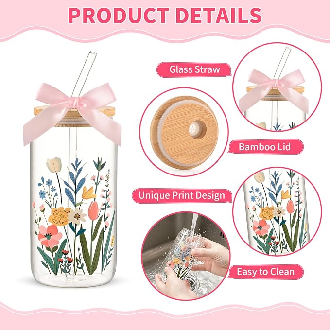 8 Set Floral Glass Cups with Lids and Straws, 16oz Flower Coffee Cup | Gifts - Image 3