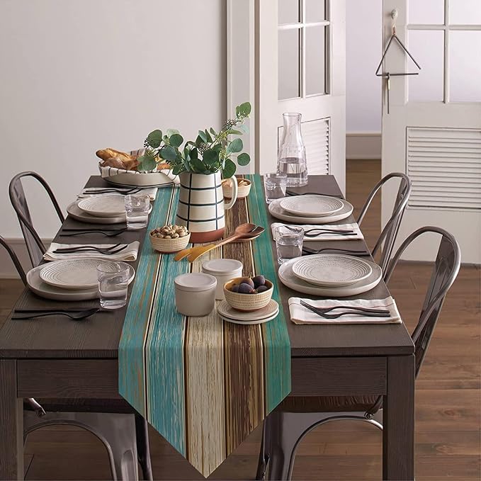 Teal Retro Rustic Table Runner 13x72 Inch Modern Abstract Art Painting Kitchen - Image 5