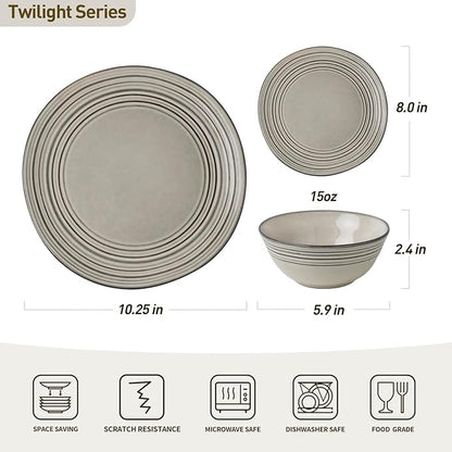 Famiware Plates and Bowls Sets 18-Piece Stoneware Dinnerware Sets, Dishes Set for 6, Hand-made Reactive Glaze Dish Set, Twilight Series, Terre-verte