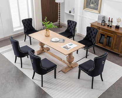 KCC Velvet Dining Chairs Set of 6, Upholstered High-end Tufted Dining Room Chair with Nailhead Back Ring Pull Trim Solid Wood Legs, Nikki Collection Modern Style for Kitchen, Black