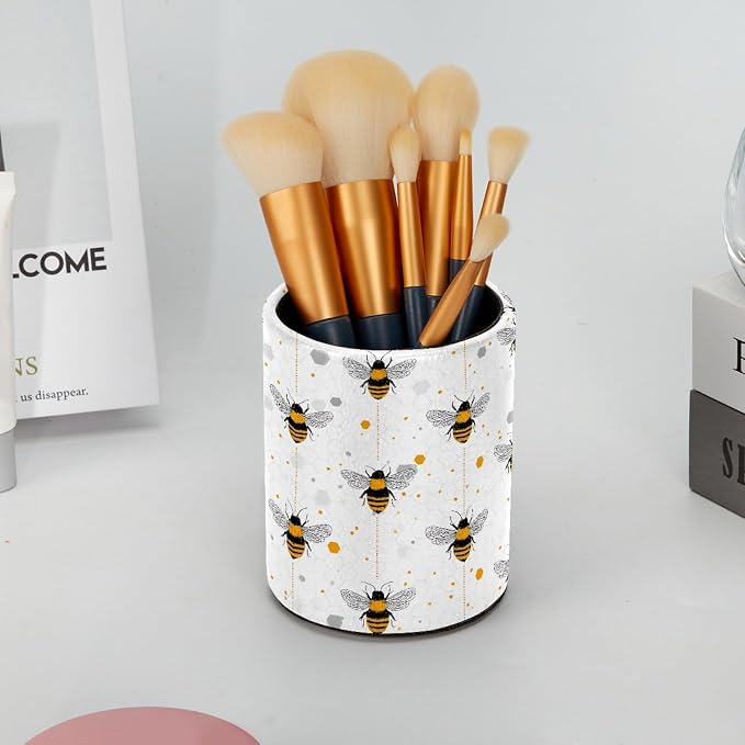Leather Pen Holder for Desk, Bees Pencil Cup Pen Organizer Makeup Brush Holder - Image 6