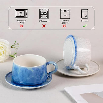 KAMMAK Tea Cups and Saucers Set of 2, 7.5 oz Glaze Coffee Mugs, 724N | - Image 7