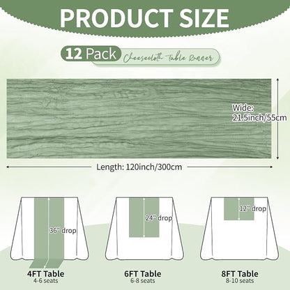 12 Pack Sage Green Cheesecloth Table Runner 10Ft, Gauze Table Runners 21.5 x - Image 2