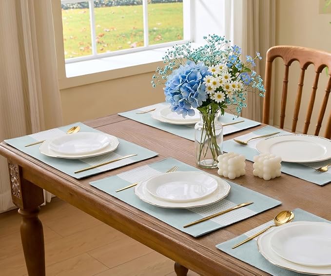 Wracra Linen Placemats Set of 6, Aqua Blue Place Mats - Image 5