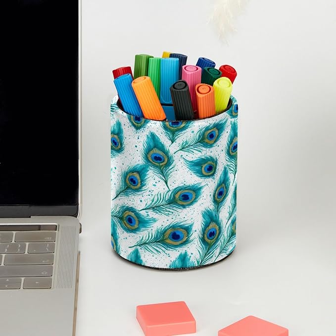 Leather Pen Holder for Desk, Peacock Feather Pencil Cup Pen Organizer Makeup - Image 5