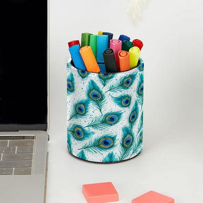 Leather Pen Holder for Desk, Peacock Feather Pencil Cup Pen Organizer Makeup - Image 5