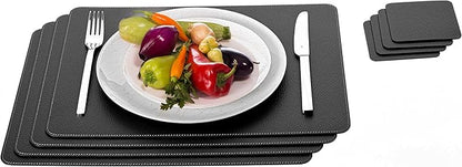 Nikalaz Set of Black Placemats and Coasters, 4 Table Mats and 4 Coasters, Recycled Leather, 18'' x 13''
