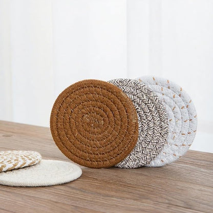 8 Pcs Drink Coasters with Holder, Handwoven Cotton Coasters Set Stackable Absorbent Minimalist Home Decor for Table, Cup, Mug (Black and Beige)