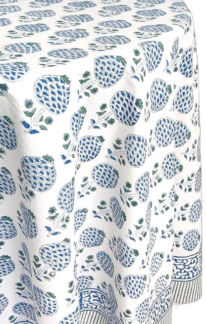 ATOSII Roma Blue 100% Cotton Boho Round Fall Tablecloth, Handblock Floral Print Table Cloth Linen for Kitchen Dining I Parties, Outdoors, Weddings, Christmas, Thanksgiving Decor 72" Inches Diameter