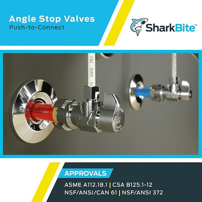 SharkBite 1/2 x 3/8 Inch Compression Angle Stop Valve, Pack of 4, Quarter Turn, Push to Connect Brass Plumbing Fitting, PEX Pipe, Copper, CPVC, PE-RT, HDPE, 23036LFA4