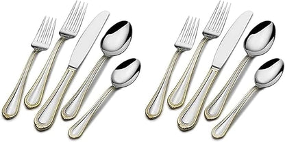 Mikasa, Gold Accent Regent Bead Flatware Service for 12, 65 Piece Set, 18/10 Stainless Steel, Silverware Set with Serving Utensils (Pack of 2)