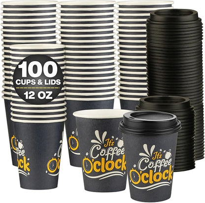 Disposable Coffee Cups with Lids, To Go Paper Hot Cups, Coffee O'Clock Design by SMYGOODS