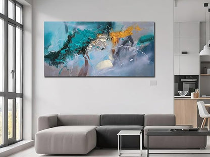 Anolyfi Teal Abstract Canvas Wall Art for Living Room, Modern Art Wall Decor Decorative Painting Large Artwork Picture Framed for Men Room Hallway Bedroom Kitchen Office Home Decor 40"x20"
