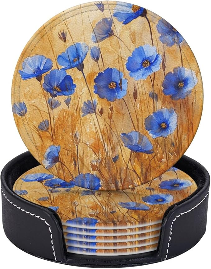 Flowers Plant Floral Blue Leather Coasters Set of 6 - Image 3