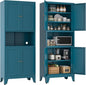 Metal Pantry Storage Cabinet, 69" Tall Storoge Cabinet with 4 Doors & 3 Adjustable Shelves, Microwave Stand with Storage for Kitchen, Dining Room, Living Room (1PC,Blue)