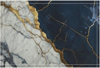 Marble Linen Placemats Set of 4, Modern Abstract Foil Texture White Navy Blue Gold Marble Washable Place Mats, Non Slip Placemat for Home Party Dining Tables Wedding Kitchen Banquets Decor 12x17 Inch