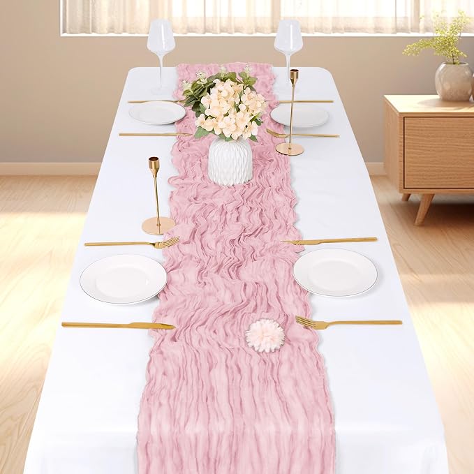 3 Pack Light Pink Cheesecloth Table Runner, 17 x 108 inch, Semi Sheer Boho - Image 2