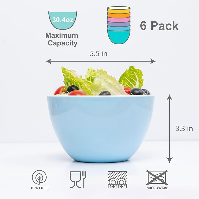 Set of 6 Large Bowls, 5.5-Inch 30.4 OZ ColorPop Melamine Bowls, Unbreakable - Image 6