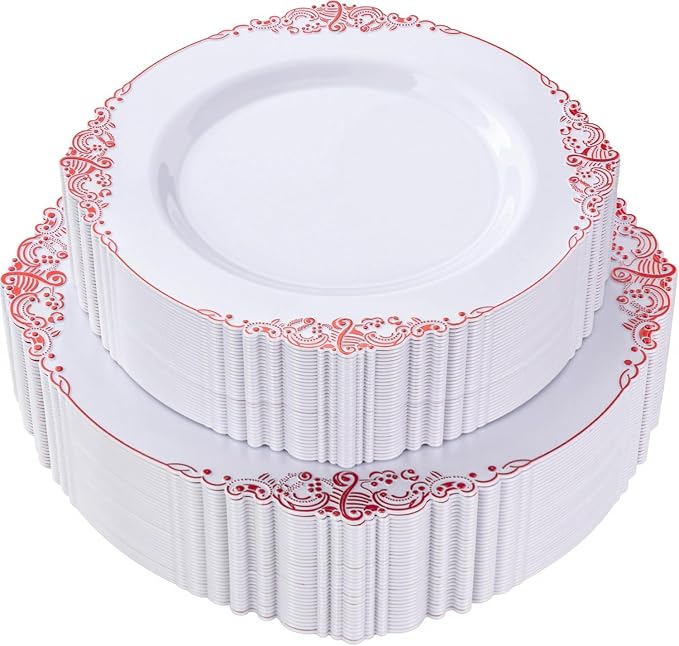 Nervure 100Pcs White Red Plastic Plates, Party Plates Set by Nervure