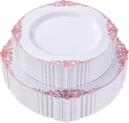 Nervure 100Pcs White Red Plastic Plates, Party Plates Set by Nervure